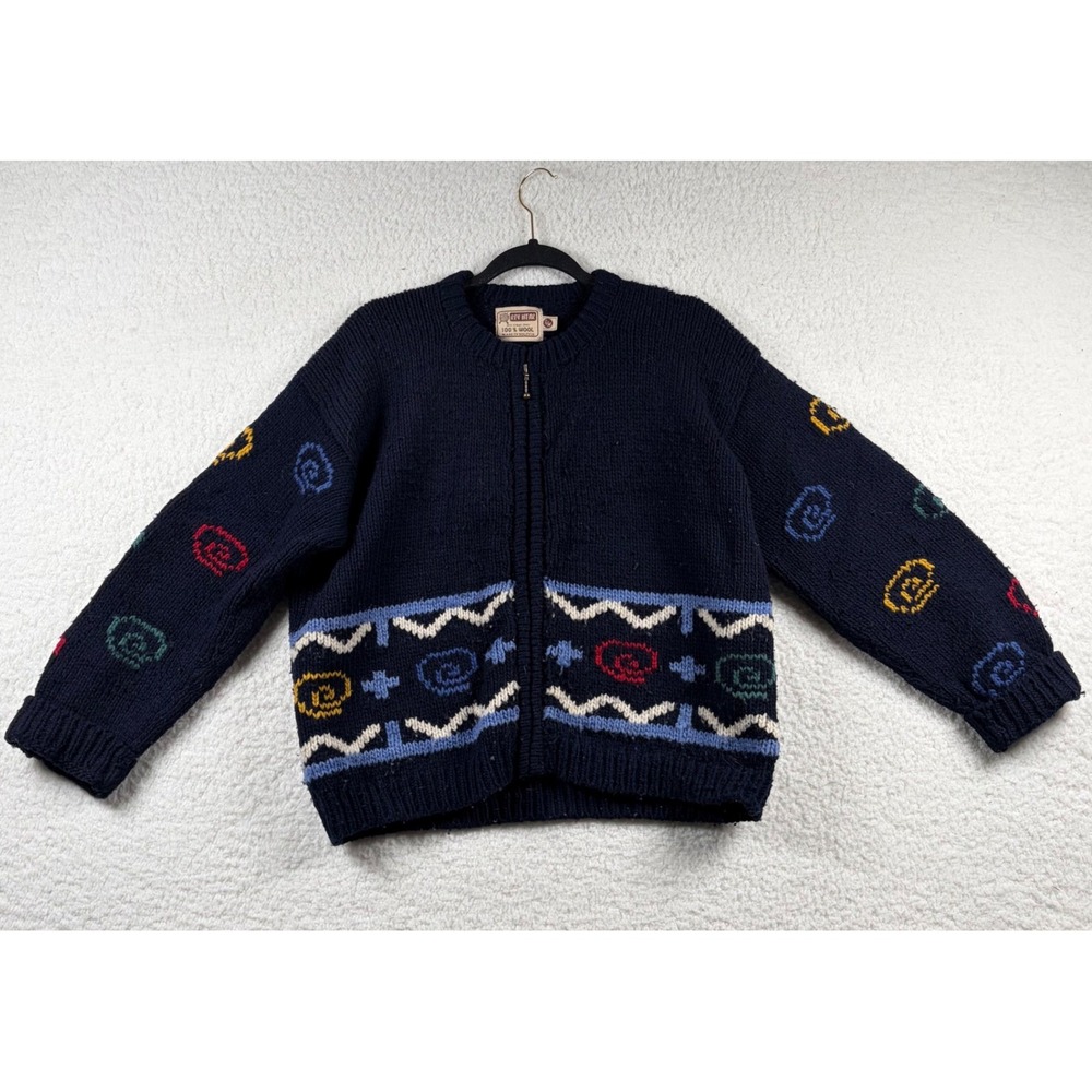 VTG REV WEAR 100% Wool Full Zip Cardigan Sweater Chunky Knit Boho Oversize S/M
